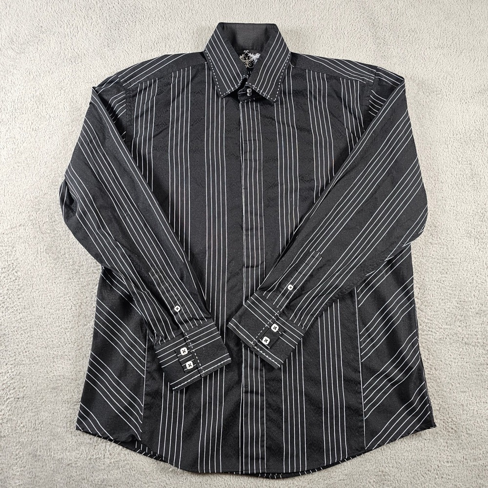Zagiri Mens Black Pinstripe Paisley Jacquard Long Sleeve Button Down Shirt L
